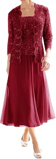 Mother of The Bride Dresses for Wedding Chiffon Lace Formal Dresses Tea Length Grandmother Dresses with Jacket