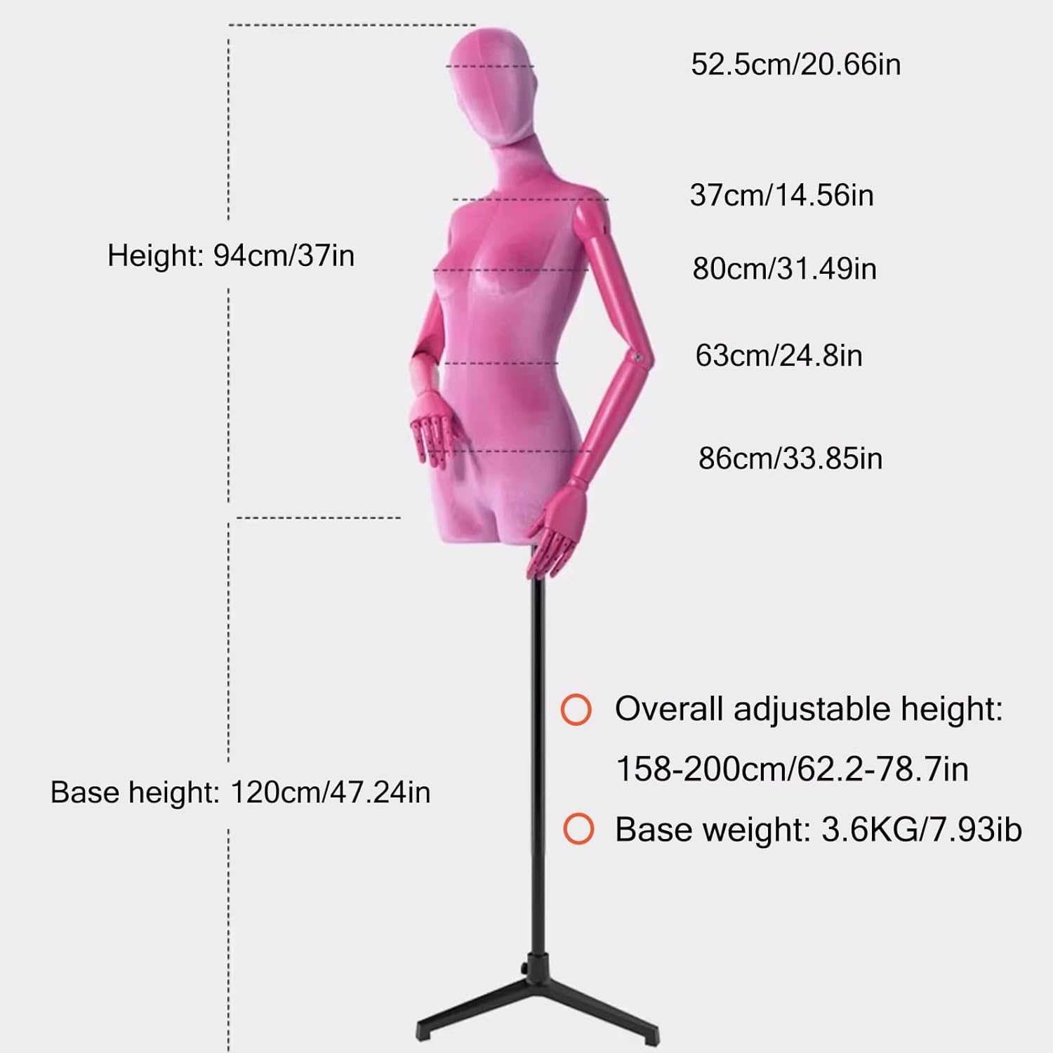 Clothing Store Human Retail Mannequins, Adjustable Height 62.2-78.7In Metal Bracket Manikin, Poseable Solid Wood Arm,Orange,Triangle
