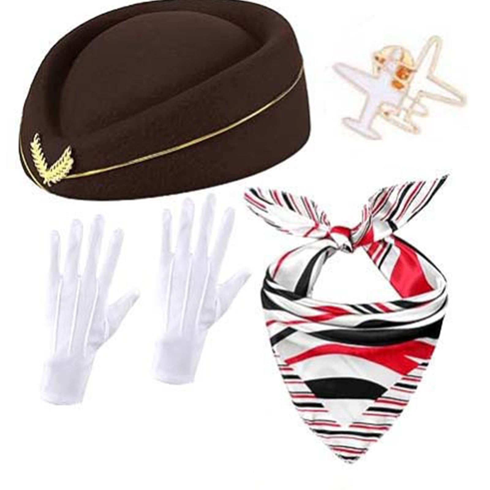 Firstxiu Unisex Brown 4Pcs Women's Stewardess Costume Accessories Flight Attendant Hat Glove Scarf Masquerades Air Hostesses Cosplay Costumes Women's Flight Attendant Costume Accessories