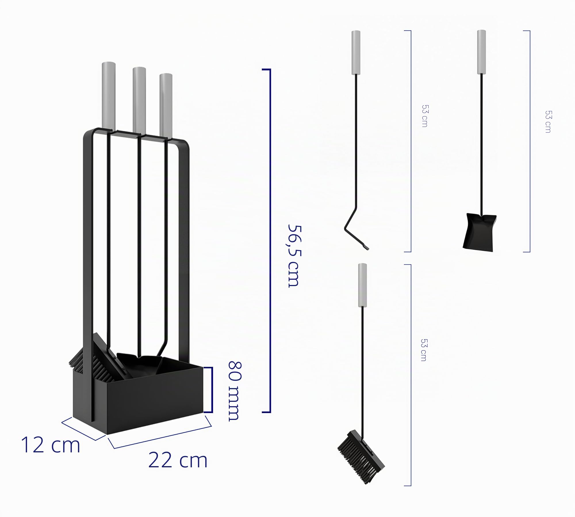 Kingson Set di attrezzi per camino con manici in acciaio inox, 3 attrezzi, 53 cm, supporto verniciato a polvere, colore: nero