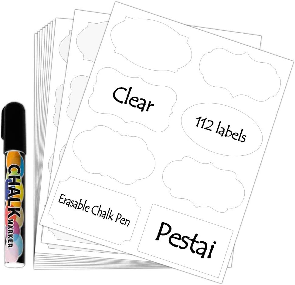 112 Premium Clear PVC Stickers with 1 Free Erasable Liquid Chalk Marker Pens, Removable Waterproof Chalkboard Labels for Labeling Mason Jars, Bottle, Weddings and Organize Your Home, by Pestai.