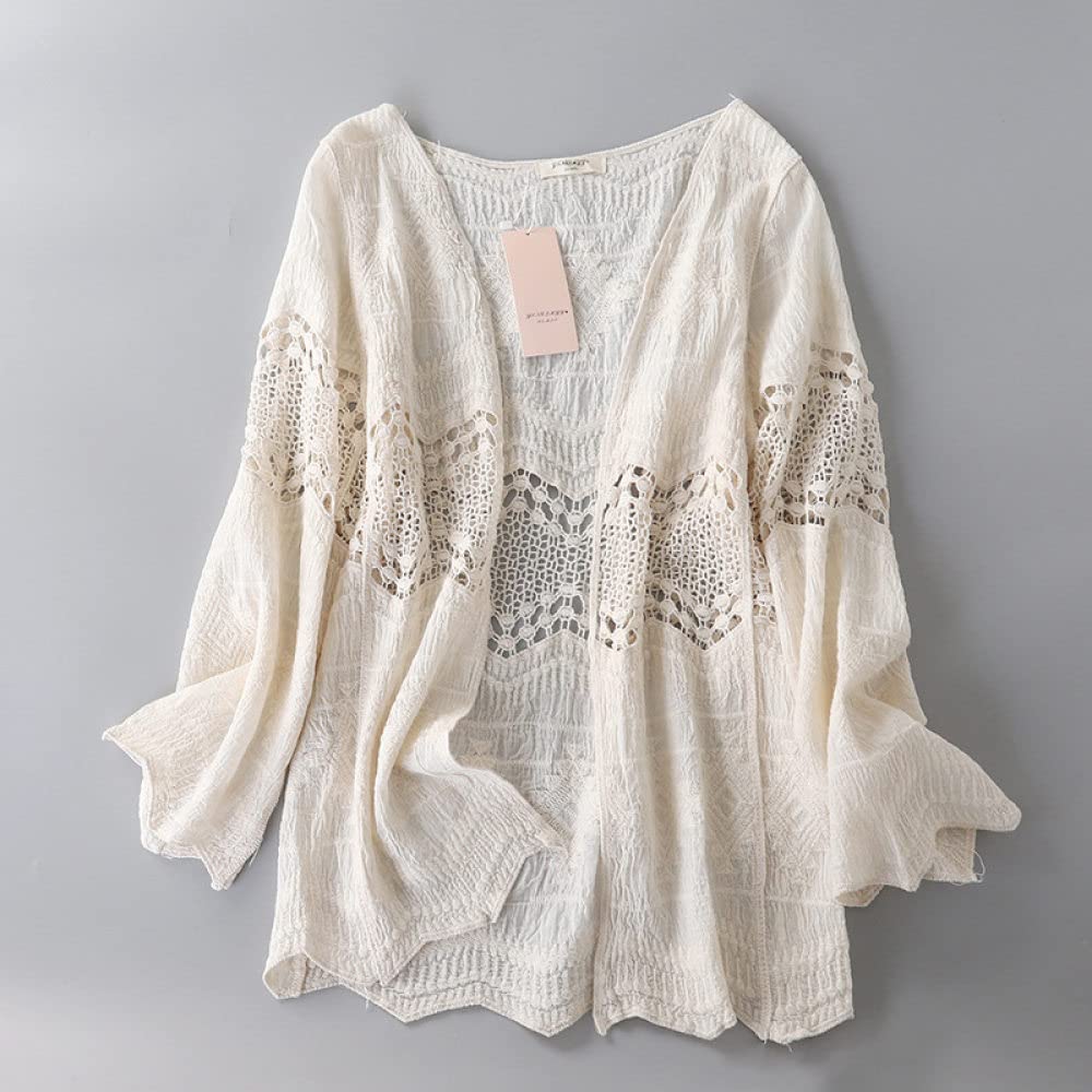HGJH Strandtunika,Damen Apricot Bestickte Shrug Tops Elegante Glocke Ärmel Cardigan Open Front Cropped Tops Schulterjacke Schiere Bolero Lässige Abendjacke Cover Ups Für Kleid Frauen,S