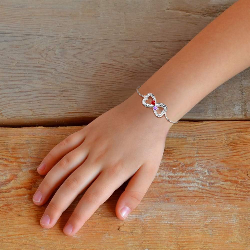 Personalized Mother Name Bracelet with 1 to 5 Birthstones & Engraved Names Custom Heart Bracelets for Mother's Day Women