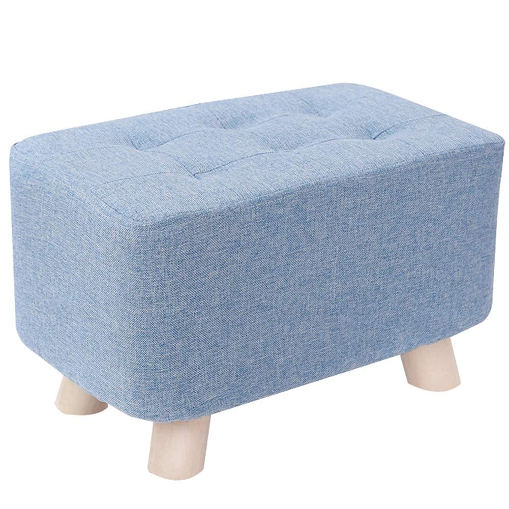 Pouf et repose-pieds en lin bleu 40x25x25cm avec cadre bois