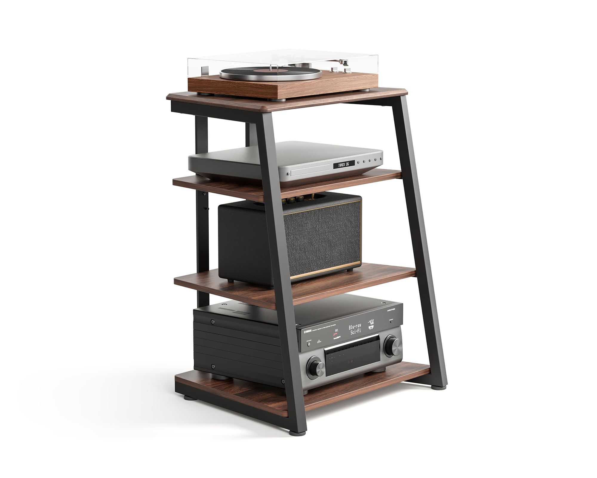 FITUEYES Design 4-Tier AV Media Stand Corner Shelf for Record Player Wooden Stereo Cabinet Audio Rack Tower with Height Adjustable Wooden Shelves for ps4 (Walnut)