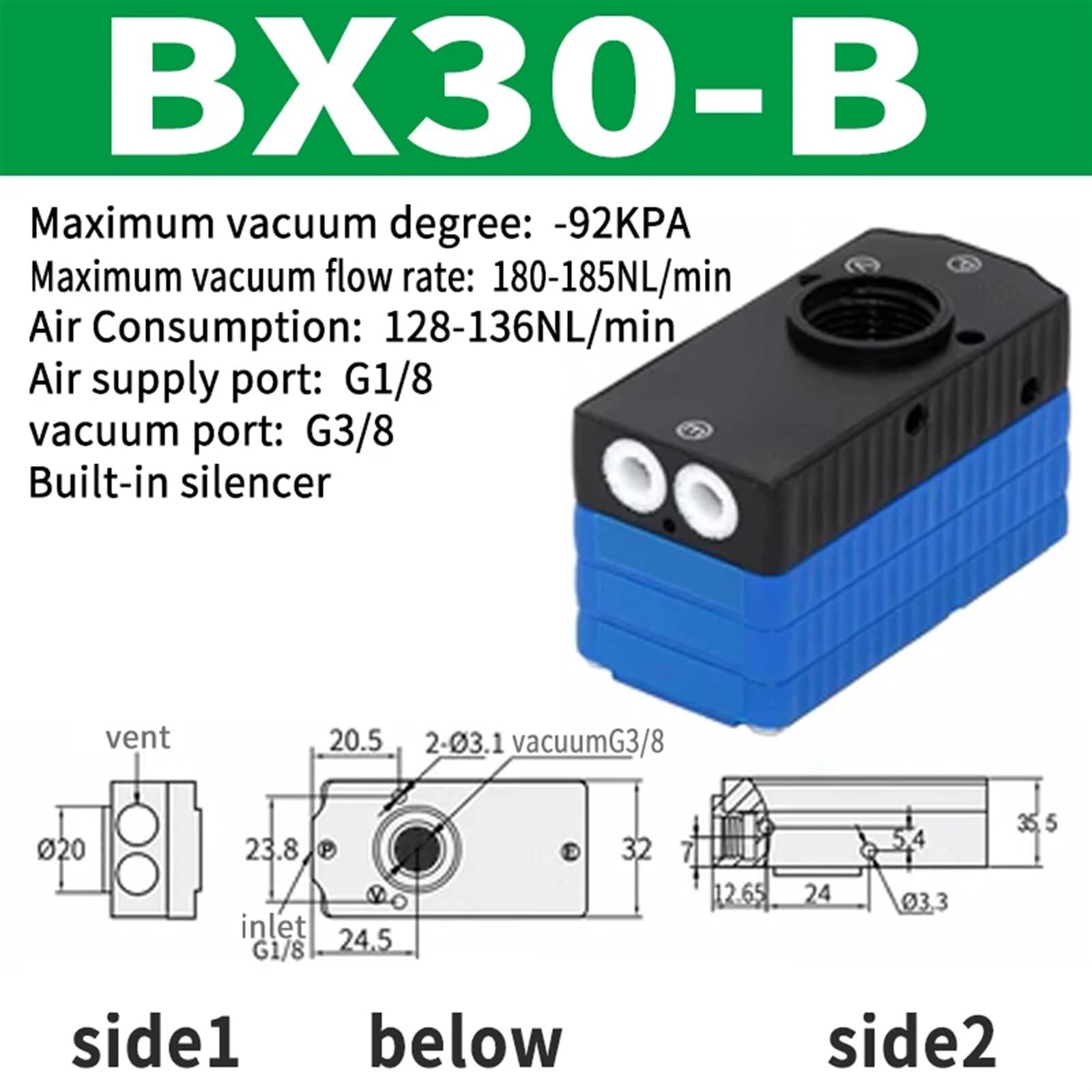 BM/BX Mini Mehrstufiger Vakuumgenerator BM05-B BM10/20/30-B/C BX10/30-B/C Pneumatischer großer Durchfluss, große Saugkraft (Farbe: BX30-B)