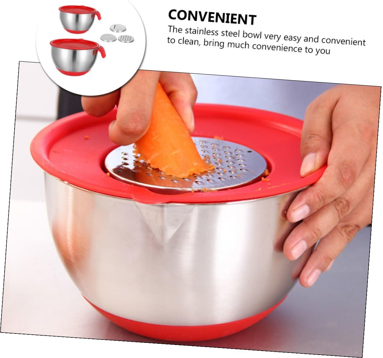 VALICLUD Stainless Steel Mixing Bowl Set with Silicone Non-slip Base and Red Handles, 18cm 20cm Multi-function Salad and Egg Beating Bowls with 2 Lettered Lids and 3 Graters for Kitchen