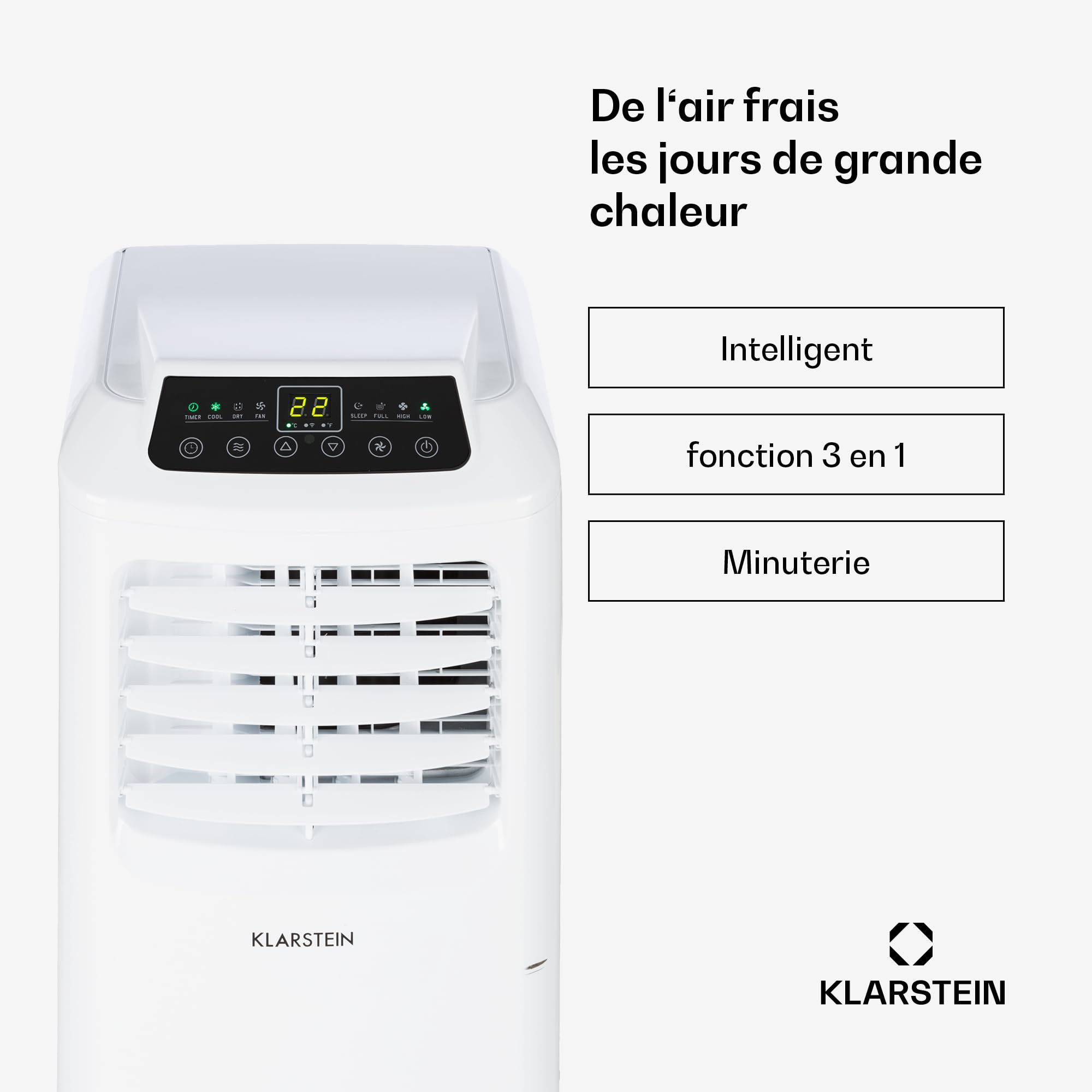 Klarstein Climatiseur Mobile Silencieux, Smart Climatiseur 3 en 1, Mode Nuit, Déshumidificateur, Ventilateur, Mini Climatisation à Faible Conso, Evacuation, Clim Portable, 7000 BTU, Climatiseurs