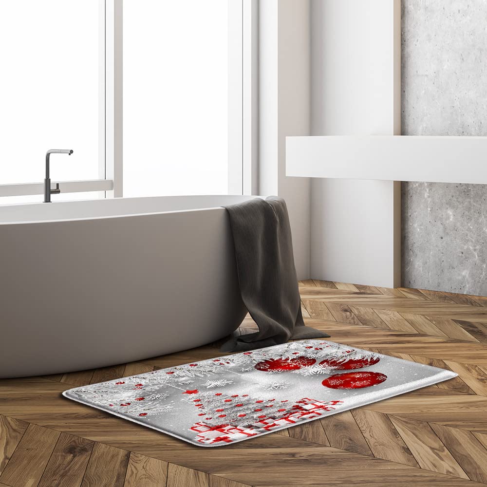 ZKJSMGS Merry Christmas Bath Mat Xmas Tree Red Ball Snowflake Twigs Pine Tree Branch Winter Holiday Festival Rustic Bath Rugs for Bathroom Kitchen,16x48 Inch