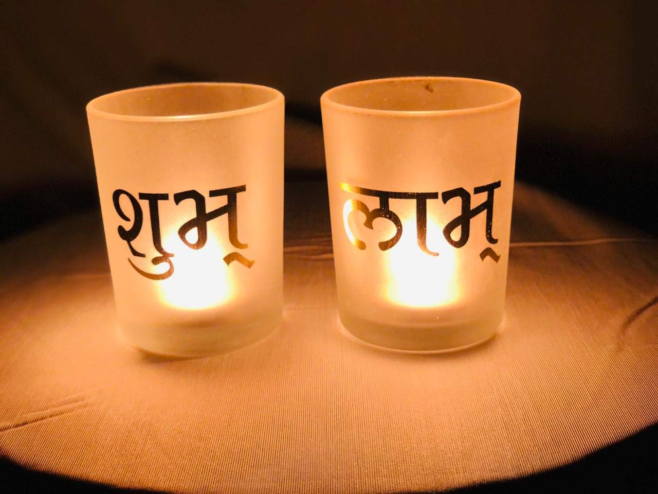 Rishabh Enterprises Glass Indian Hand Painted Subh-Labh tealight Candle Holder for Diwali Festival, Home Decor Cup Candle Holder Set (Subh-Labh)