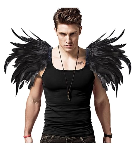 L'VOW Men Gothic Natural Real Feather Epaulet Shrug Shoulder Strap for Halloween Pack of 2 - Black