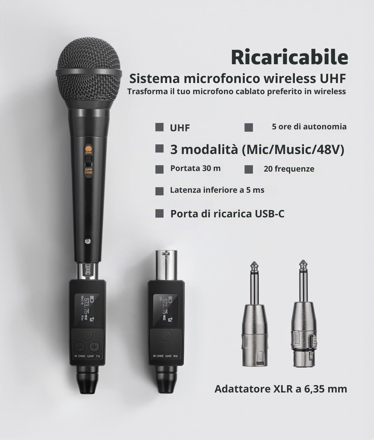 Sistema Microfonico Wireless UHF, Trasmettitore e Ricevitore XLR Wireless per Microfono Dinamico, Microfono Condensatore, Mixer audio, Sistema PA
