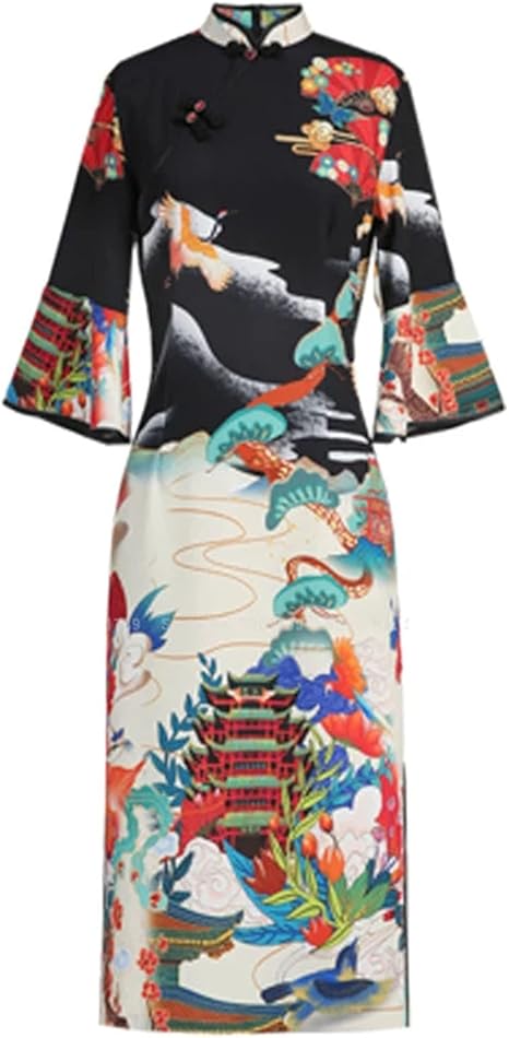 Amazon Co Jp 中国風チャイナ山のファッションエレガントな女性レトロqipaoドレスレディーパーティービンテージプリント伝統的なオリエンタル服 Black L 服 ファッション小物