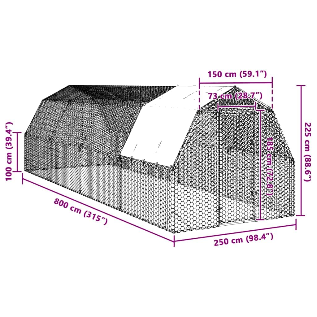 Kurnik z dachem z ocynkowanej stali, 2,5 x 8 x 2,25 m, duży wybieg z sześciokątną siatką drucianą i zamykanymi drzwiami, idealny jako klatka dla małych zwierząt i do mieszkania