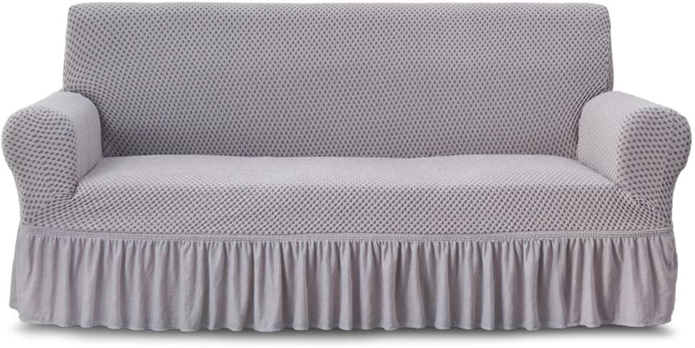 NICEEC Sofa Slipcover Grey Sofa Cover Two-Tone 1 Piece Easy Fitted Sofa Couch Cover Universal High Stretch Durable Furniture Protector with Skirt Country Style (3 Seater Gray)