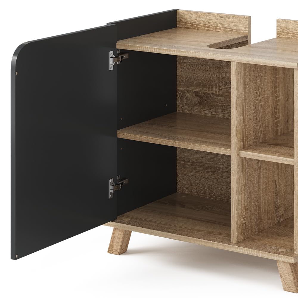 Vicco Mueble bajo Lavabo Karen, Sonoma/Antracita, 60 x 65 cm con Puerta y Compartimentos Abiertos, con Recorte para sifón para instalación Debajo del Lavabo