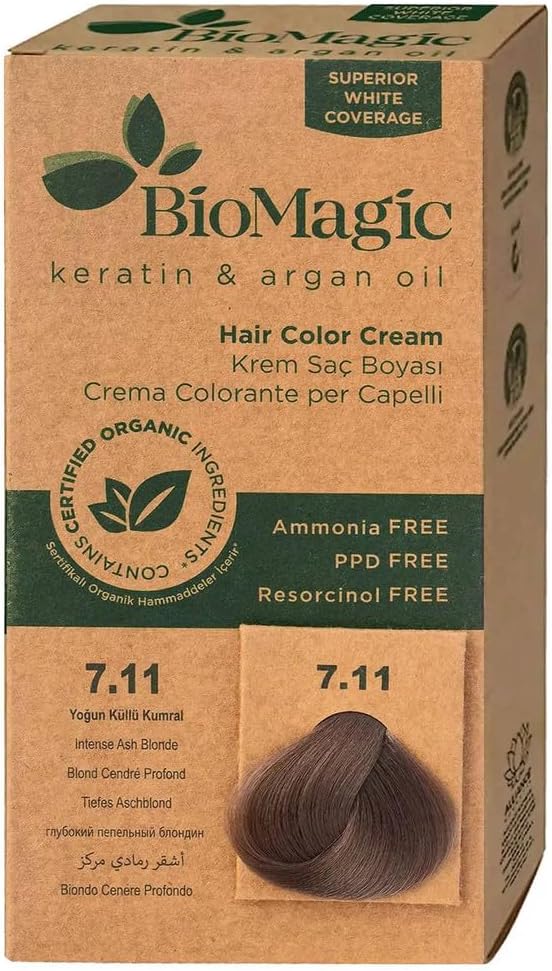 Permanent Hair Color, Keratin & Argan Oil Line, Ammonia FREE Hair Dye, Contains Certified Organic Ingredients, Hair Coloring for a Natural Look (7.11 Intense Ash Blonde)