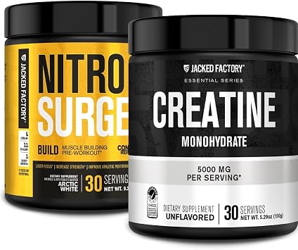 Jacked Factory Nitrosurge Build Pre Workout with Creatine for Muscle Building 30 Servings, Arctic White & Creatine Monohydrate Powder for Muscle Growth & Increased Strength 30 Servings, Unflavored