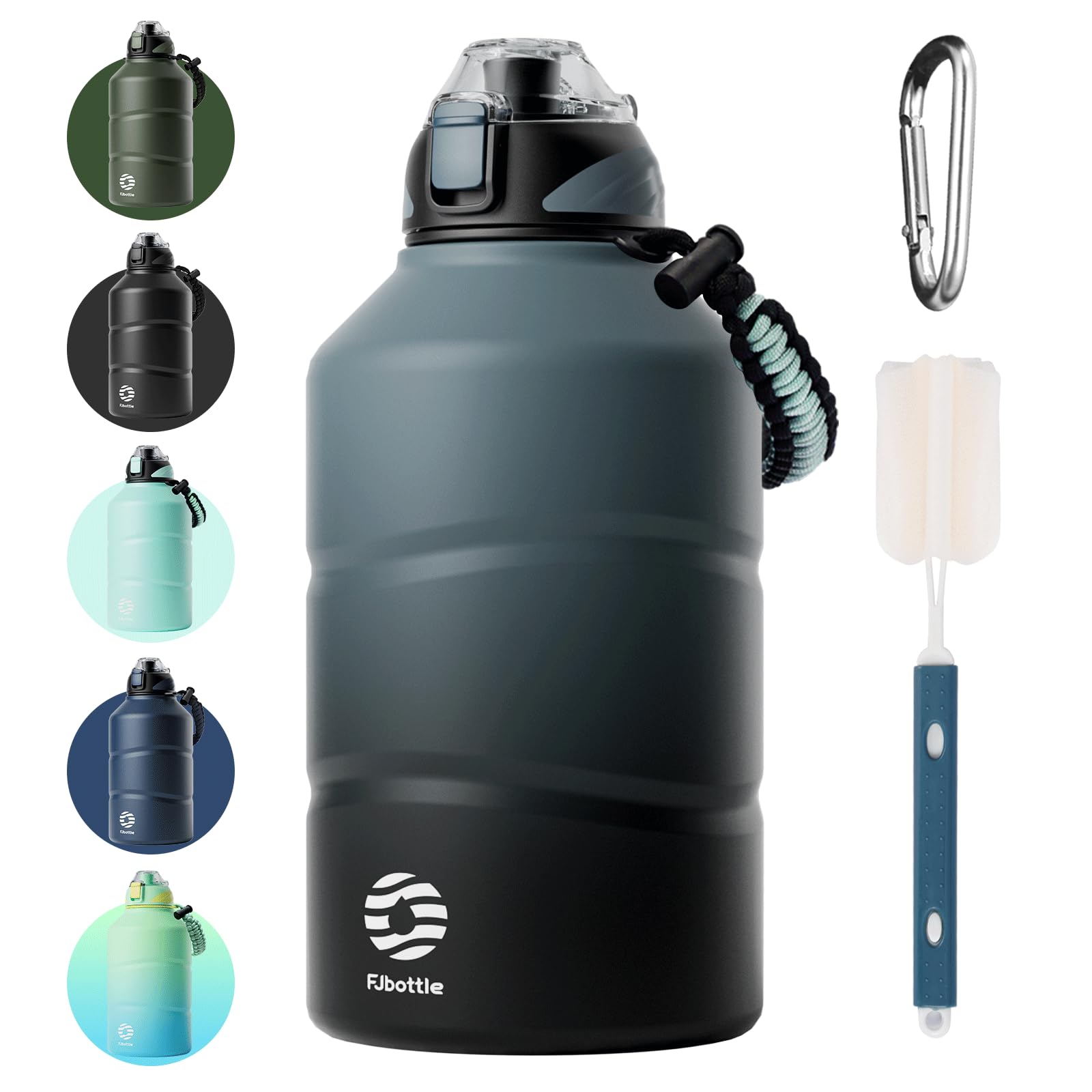 FJbottle 水筒 1.9リットル 真空断熱2ウェイボトル ストロー ワンタッチ 直飲み スポーツジャグ(ストラップ付き) 1.9L 1900ml スポーツボトル スポーツ飲料対応 大容量 持ち運び マグ ボトル 広口 洗いやすい ステンレスボトル 洗浄用スポンジ付き 運動 部活 アウトドア 大人 登山 旅行用 ブルー・ブラック