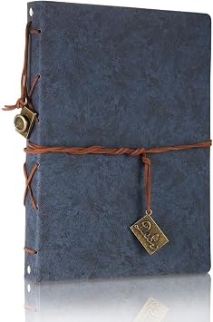 ThxMadam Vintage Notebook A5 Blue Leather Cover Writing Notebook loose leaf Travel Journal Diary Refillable Sketchbook with 200 Kraft Pages/100 Sheets and 1 PVC Zipper Pocket Gift for Man Boy Student