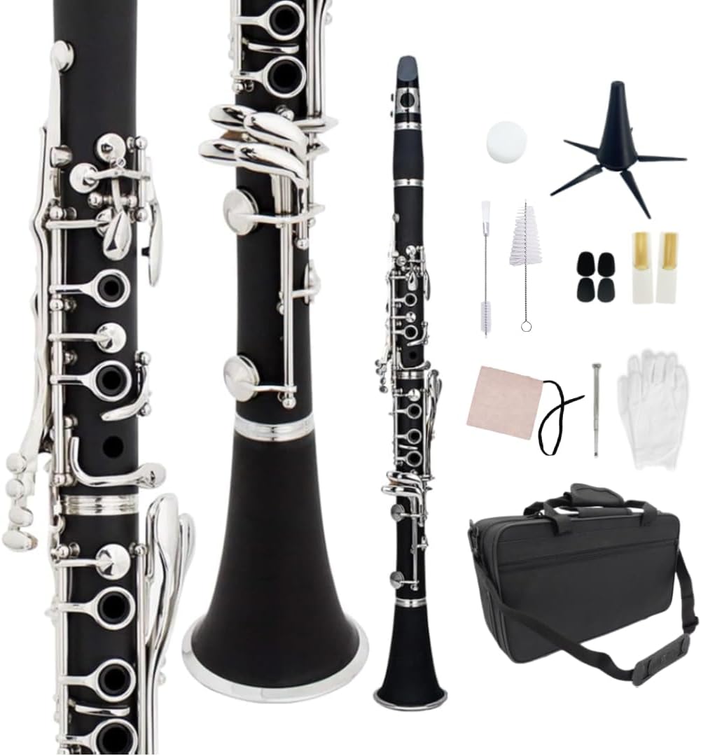 Beginner Clarinet Bb key for Students and Adults Ebonite Wood Nickel Plated Keys with 2 Barrels,Reeds and Accessories(Bb key-clarinet)