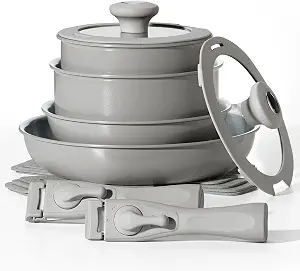 Ceramic Pots and Pans Set Nonstick, Detachable Handle Pots and Pans, Induction Cookware Sets for Induction Cooktop, RV Kitchen Cooking Set, Oven Safe, 14-Piece