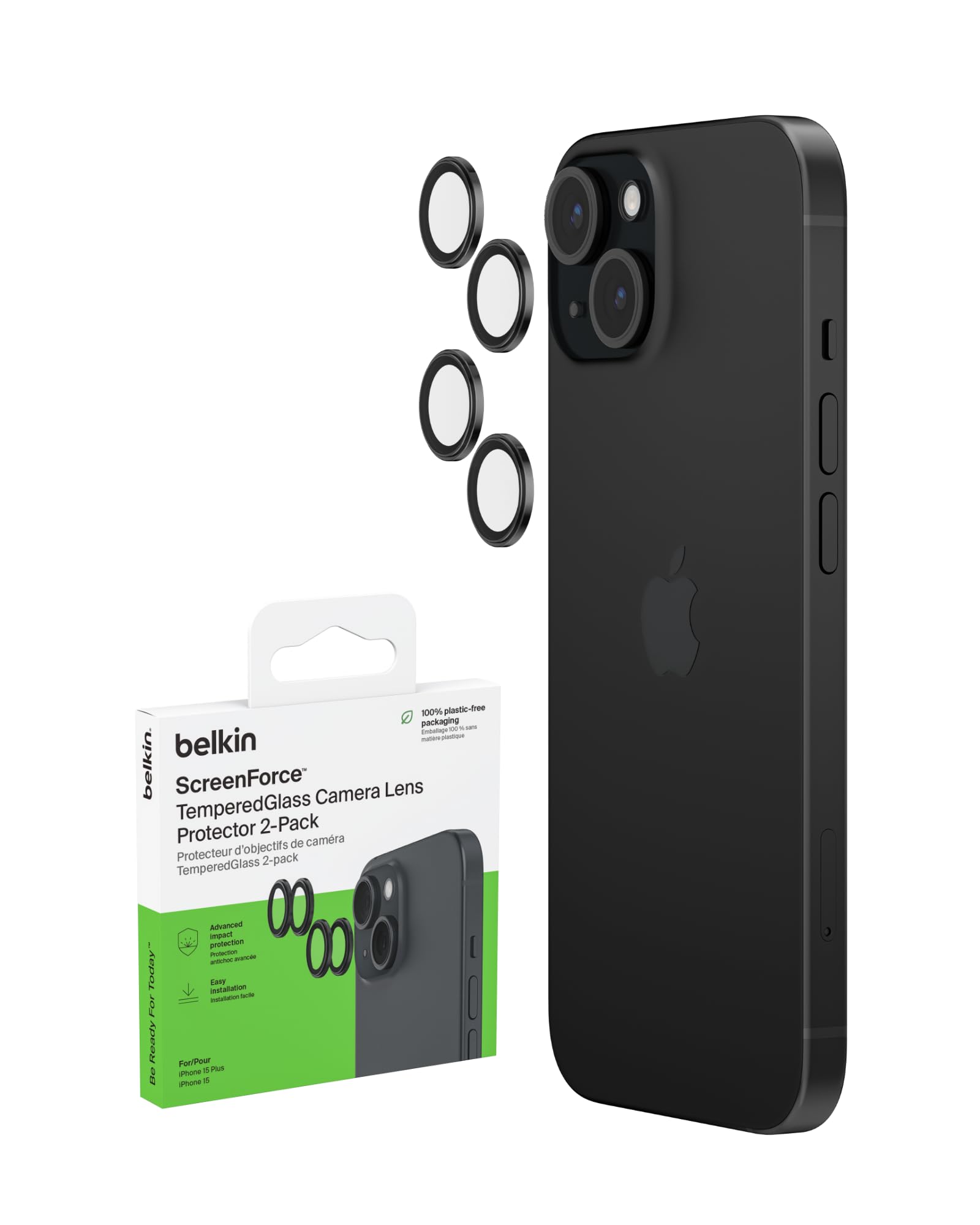 Belkin ScreenForce TemperedGlass Camera Lens Protector for Apple iPhone 15, 15 Plus - Case-Compatible Tempered Glass Lens Cover, Apple iPhone Accessories - 2-pack