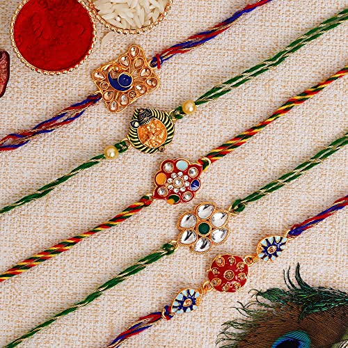 Image of eCraftIndia Set of 5 Designer Rakhis for Brother Bhaiya Bhai | Best Bro Ever Fridge Magnet | Raksha Bandhan Rakhi Combo | Roli Chawal Pack