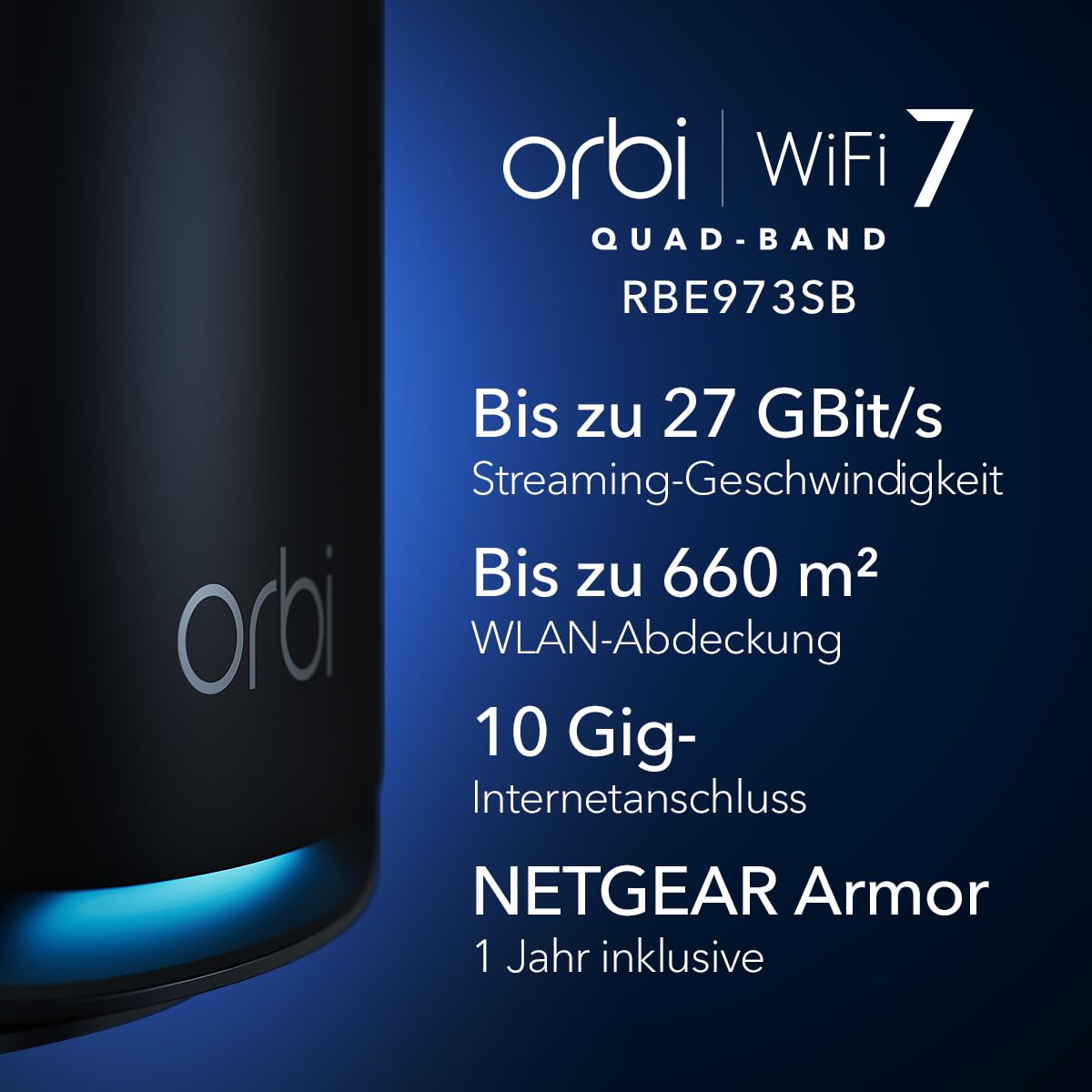 NETGEAR Orbi Serie 970 | Mesh WiFi 7 System | RBE973SB| Mesh WiFi 7 Router und 2 Satelliten | Bis zu 27 Gbit/s | Abdeckung 660 m²| 200 Geräte | 10-GB-Ethernet-Port | Quad-Band BE27000| 3 Pack Schwarz