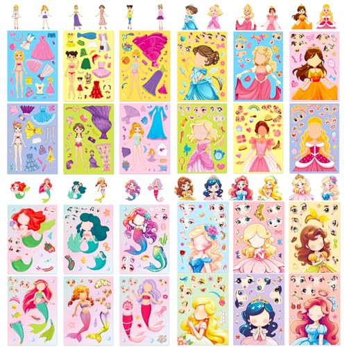 Make-a-face Feuilles d’autocollants,24 Feuilles Cartoo Princesse Autocollant Fille DIY Princesse Stickers DIY Sirène Stickers pour Enfants l'artisanat d'art...