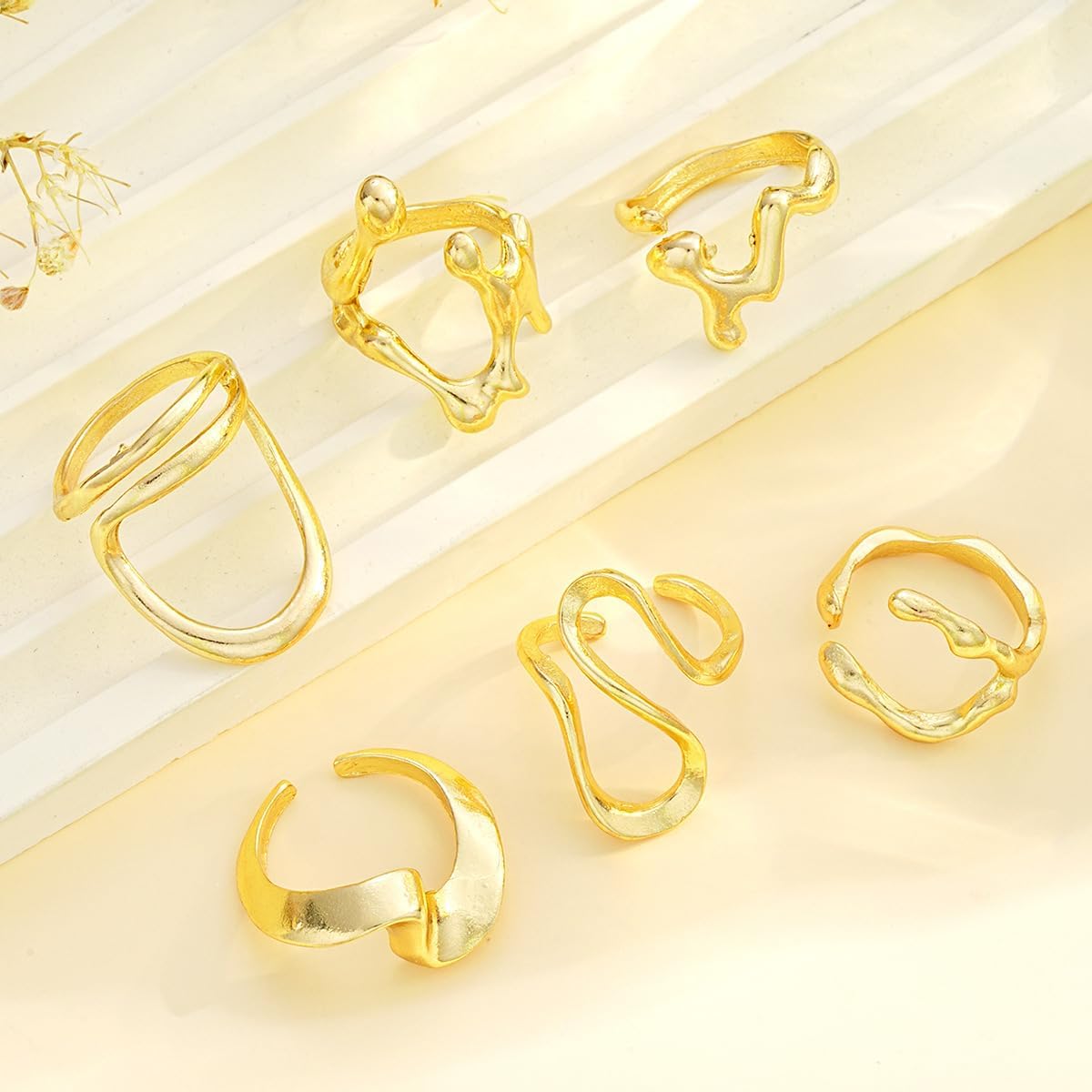 Gold Chunky Rings Set Chunky Gold Flower Rings Pearl Stacking Statement Rings for Women 14k Gold Plated Thick Dome Stackable Open Rings Exaggerated Baroque Pearl Stack Rings - Image 5