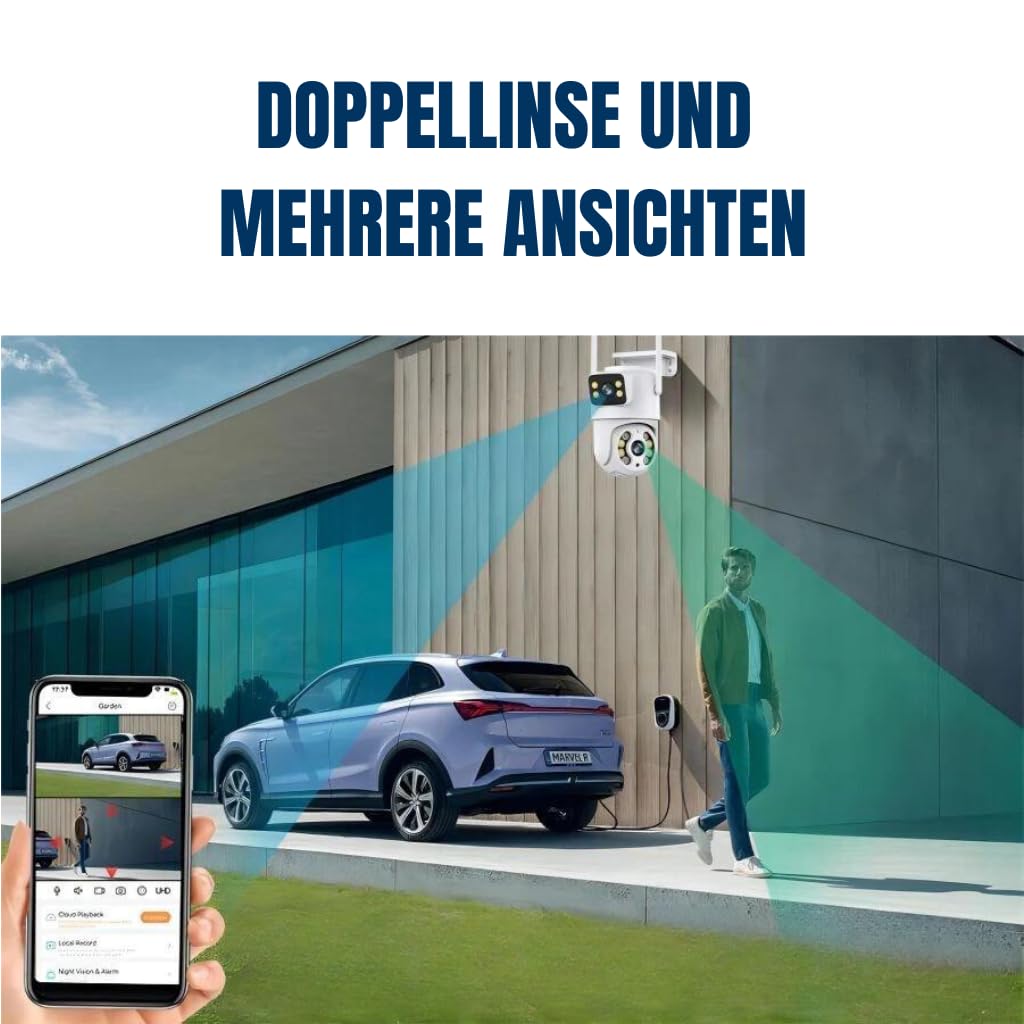 Überwachungskamera NA1 mit 360° Sichtfeld | Zwei 2-Megapixel-Sensoren für klare Full-HD-Aufnahmen; 360° Sichtfeld für vollständige Überwachung ohne tote Winkel