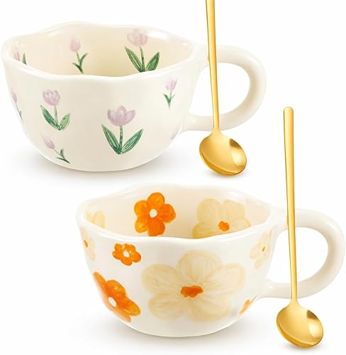 Miniatura 12 de Vesici 2 piezas tazas de café de cerámica con cuchara, tazas florales vintage con asa, 8.5 onzas, taza de té de porcelana estética, regalo para San