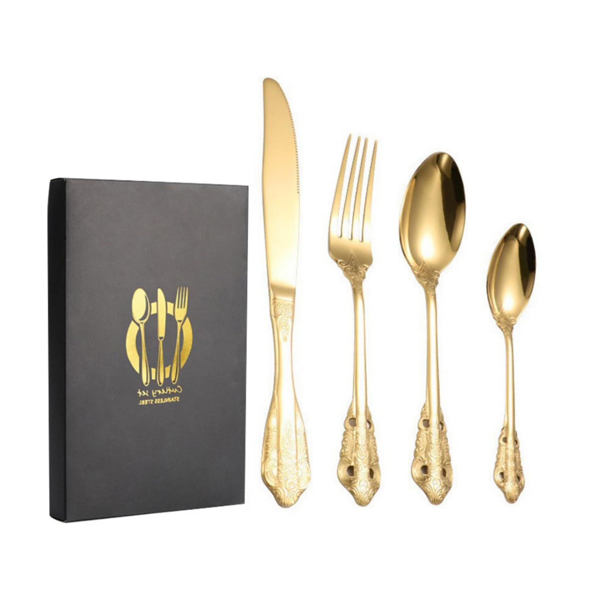 BENMENG4 Pieces Stainless Steel Flatware set, silver plated with gold accents, Fine Silverware set and Dishwasher Safe (Gold)