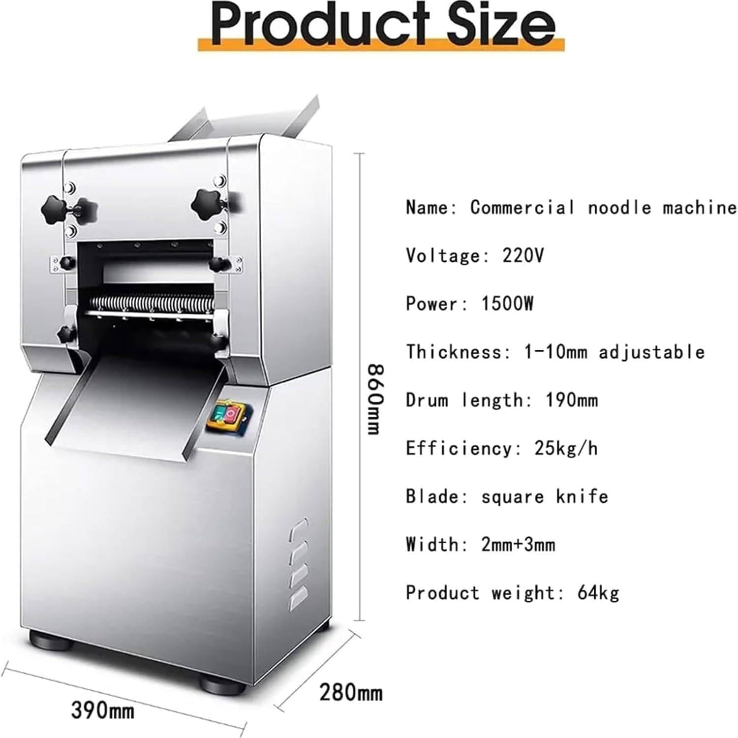 Commercial Electric Pasta Maker Noodle Making Machine with 1500W Large Powerful for Homemade & Commercial, 25KG/H Pasta Cutter, Can Make 1.5mm/2mm/3mm Wide Noodles & 1-10mm Thick Dough