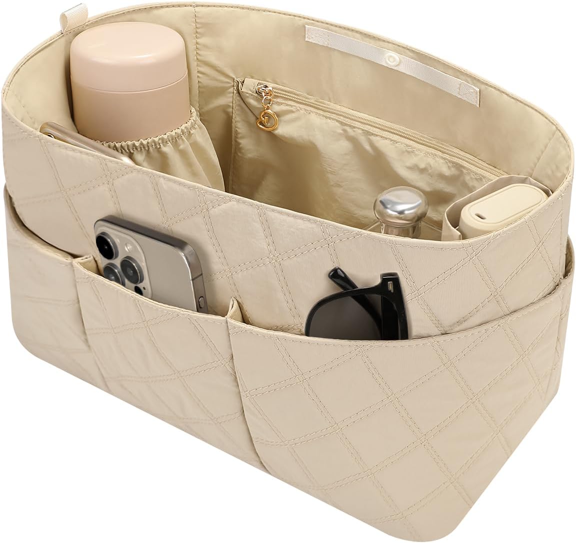 GIVLEFLY Medium Purse Organizer Insert with Water Bottle Holder, Waterproof Nylon Handbag Insert Organizer with Multiple Pockets & Interior Zipper Pocket, Quilted Structured Divider, Top Snap Closure