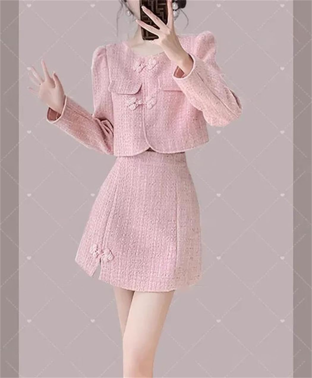 Women's Autumn Winter Luxury 2 Piece Set Petite Skirt Suit with Chinese Buttons Outfit Set