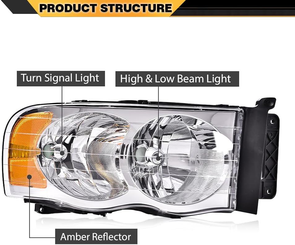 Headlights Assembly Compatible with DODGE RAM 2002-2005 55077121AF 55077120AF 55077121AG 55077120AG Left Right Driver Passenger Side Clear lens Chrome Housing Amber Reflector 2002-2005 DODGE RAM Clear
