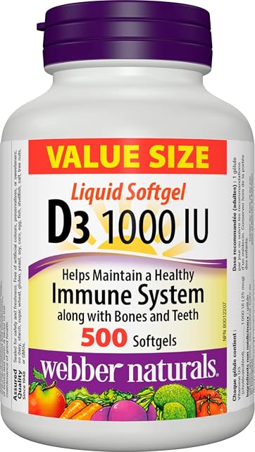Webber Naturals Vitamine D3 1000 UI, 500 Gélules Molles, Pour des Os Sains, des Dents et le Maintien d'une Bonne Santé