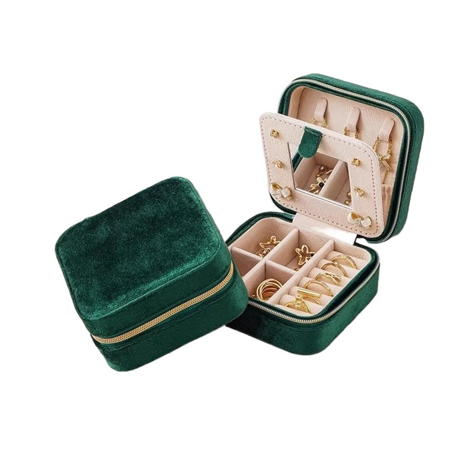 ESTDKMNOS Portable Jewellery Case， Velvet Jewelry Box Multicolor 10x10x5cm Double-Layer Mirror Rings Earrings Necklaces(Green)