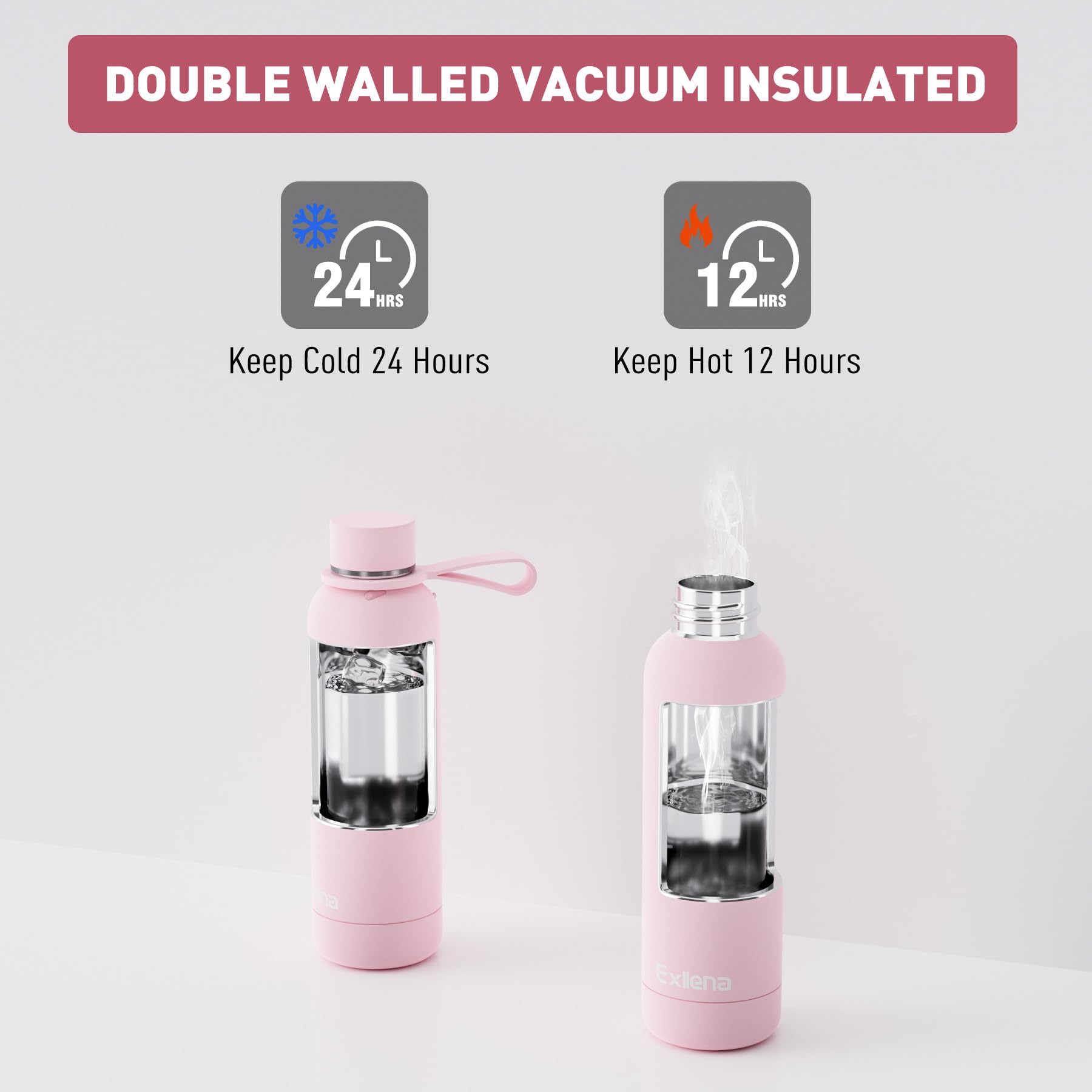 Exllena Borraccia Termica 500 ml - Bottiglia Termica Doppio Vuoto Mantenere Calore/Freddo - Senza BPA - 100% A Tenuta Stagna con Anello per Tote (Rosa)