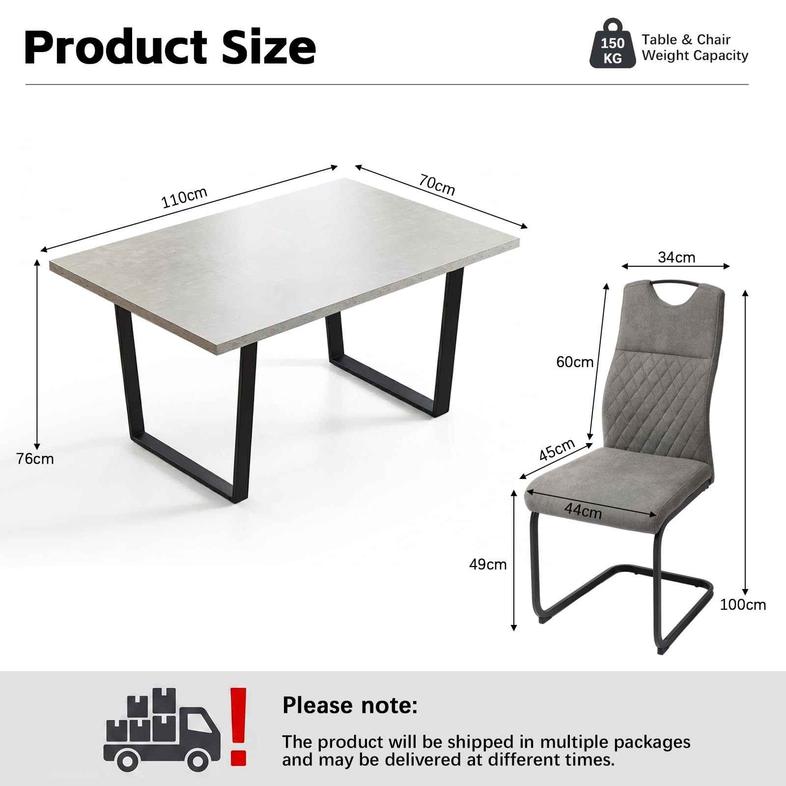 JIEXI Stół do jadalni i krzesła, zestaw 2 szt., MDF 110 cm, z 2 szarymi krzesłami na wsporniku z metalowymi nogami, nowoczesny, oszczędzający miejsce stół kuchenny do jadalni, domu