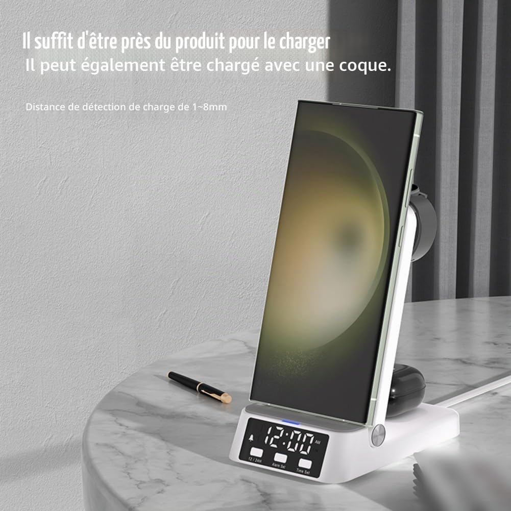 Chargeur sans fil pour Samsung, station de charge sans fil 3 en 1 pour téléphones Samsung, écouteurs et montres avec horloge, pour support de chargeur de téléphone portable Samsung (noir)