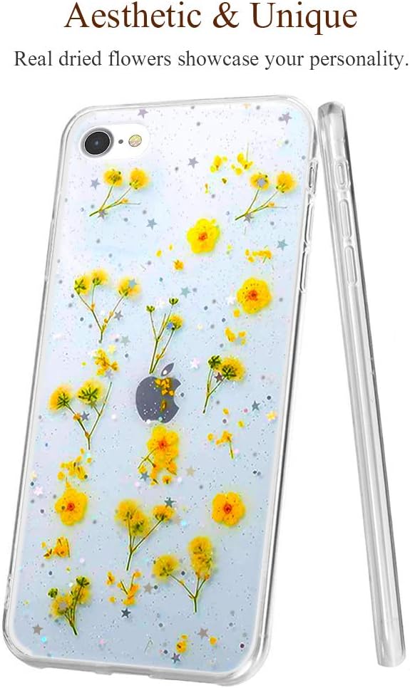 iPhone SE 2020 Case,iPhone 8 Case,iPhone 7 Case for Girls Women, Clear Glitter Floral Flower Cute Design Protective Phone Case Cover with Dry Pressed Real Wildflowers for Apple iPhone SE2/8/7,Yellow