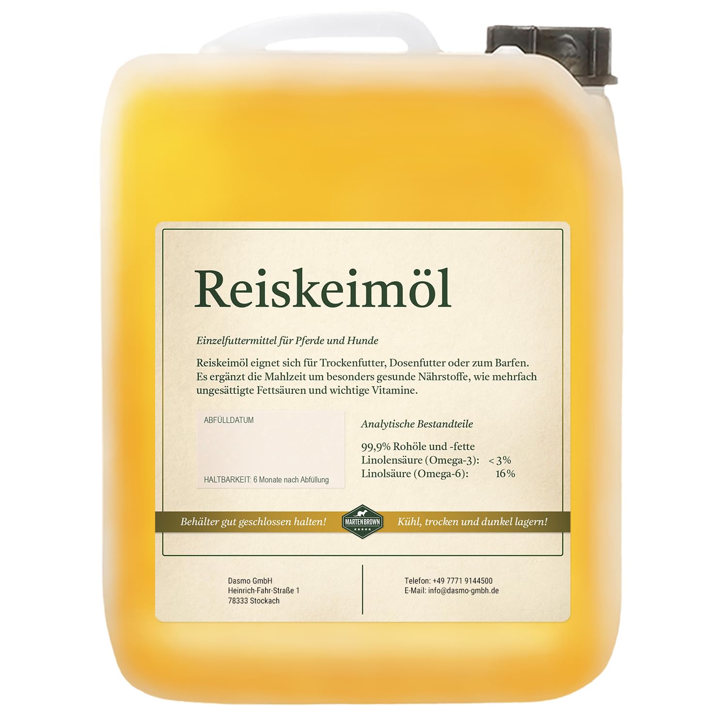 Martenbrown® Olej z kiełków ryżu 5 litrów dla koni, psów i osłów, w praktycznym kanistrze, suplement diety do suchej karmy, karmy w puszkach lub jako olej barf