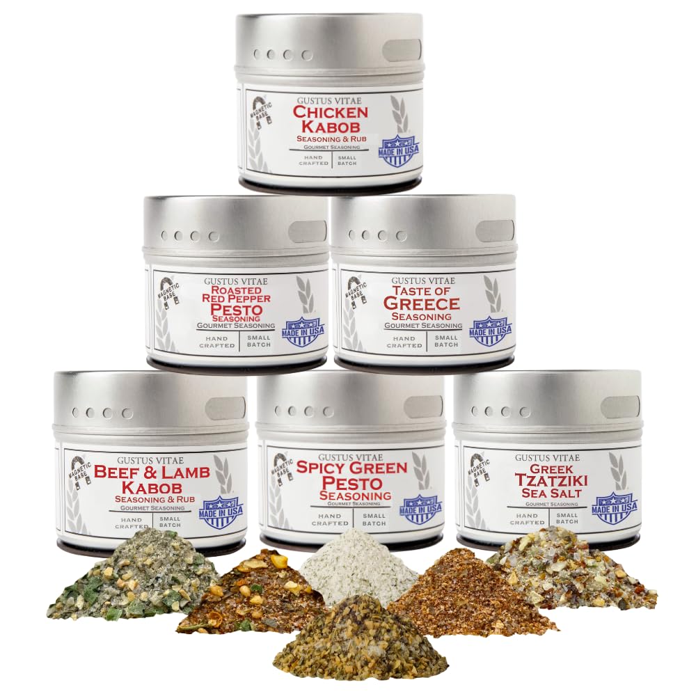 Greek Seasoning Gift Set | Tastes of Greece | Artisanal Spice Blends Six Pack | Non GMO, All Natural | No MSG, Gluten, Soy, Nuts | Small Batch, Hand Made Seasonings | No Artificial Ingredients, Ultra Premium | Made in USA | GLP-1 Friendly | Magnetic Tins | Gustus Vitae | All Occasion Gift