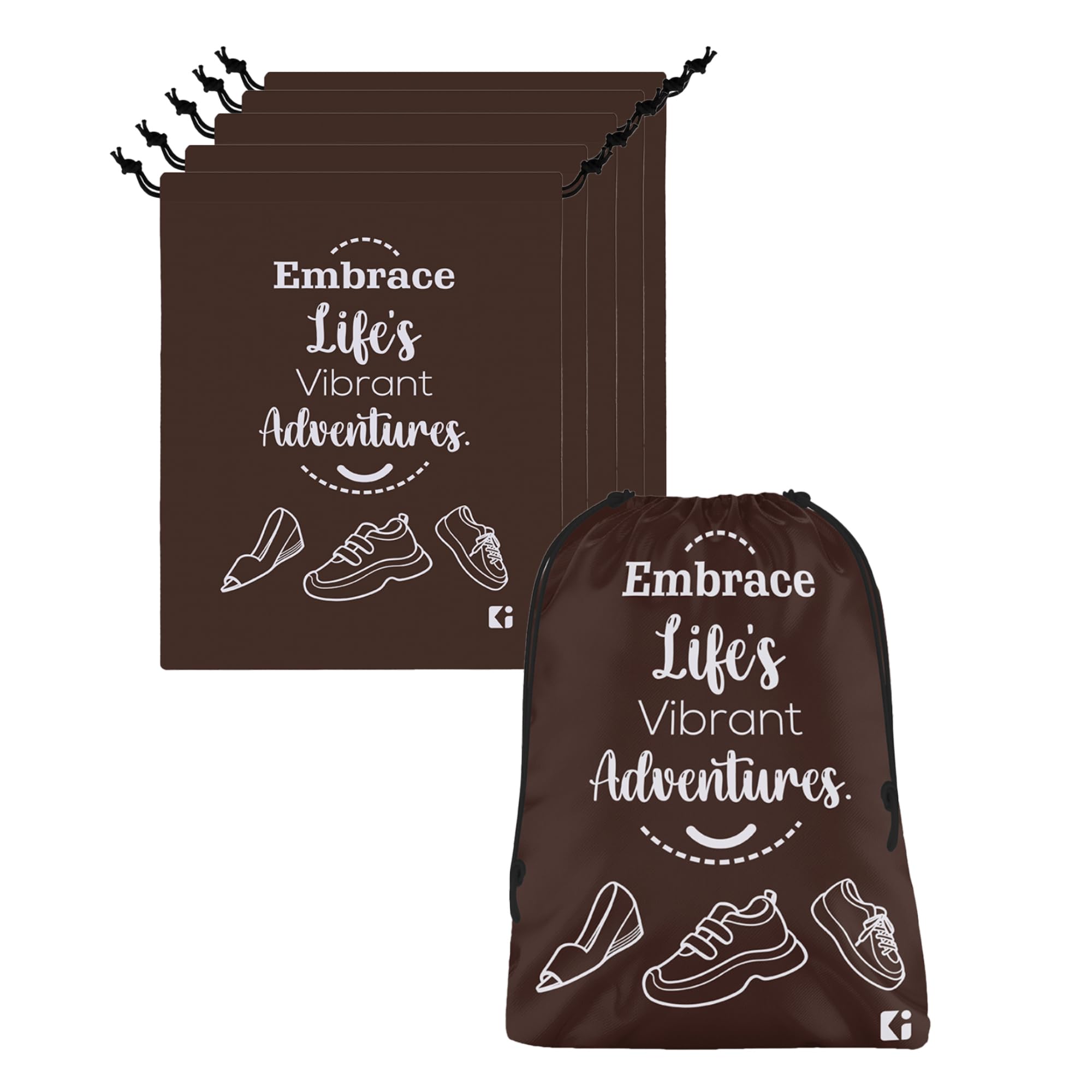 Urbane Home Pack of 6 Shoe Bag For Travel | Drawstring Footwear Pouches & Toiletries Packing Bags/Covers For Travelling | Printed - Brown-image-29