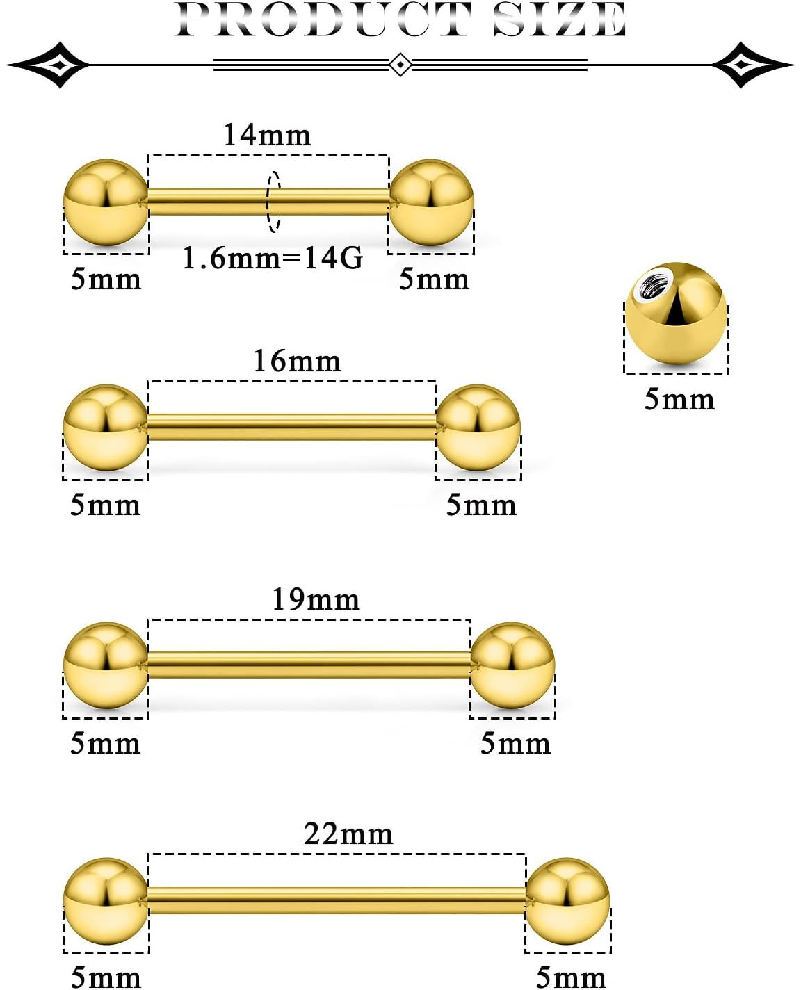 14K Gold Filled Tongue Rings Stainless Steel Nipple Piercing Jewelry Nipple Bar Straight Barbell Piercing Jewelry 14G Bar Length 14/16/19/22MM