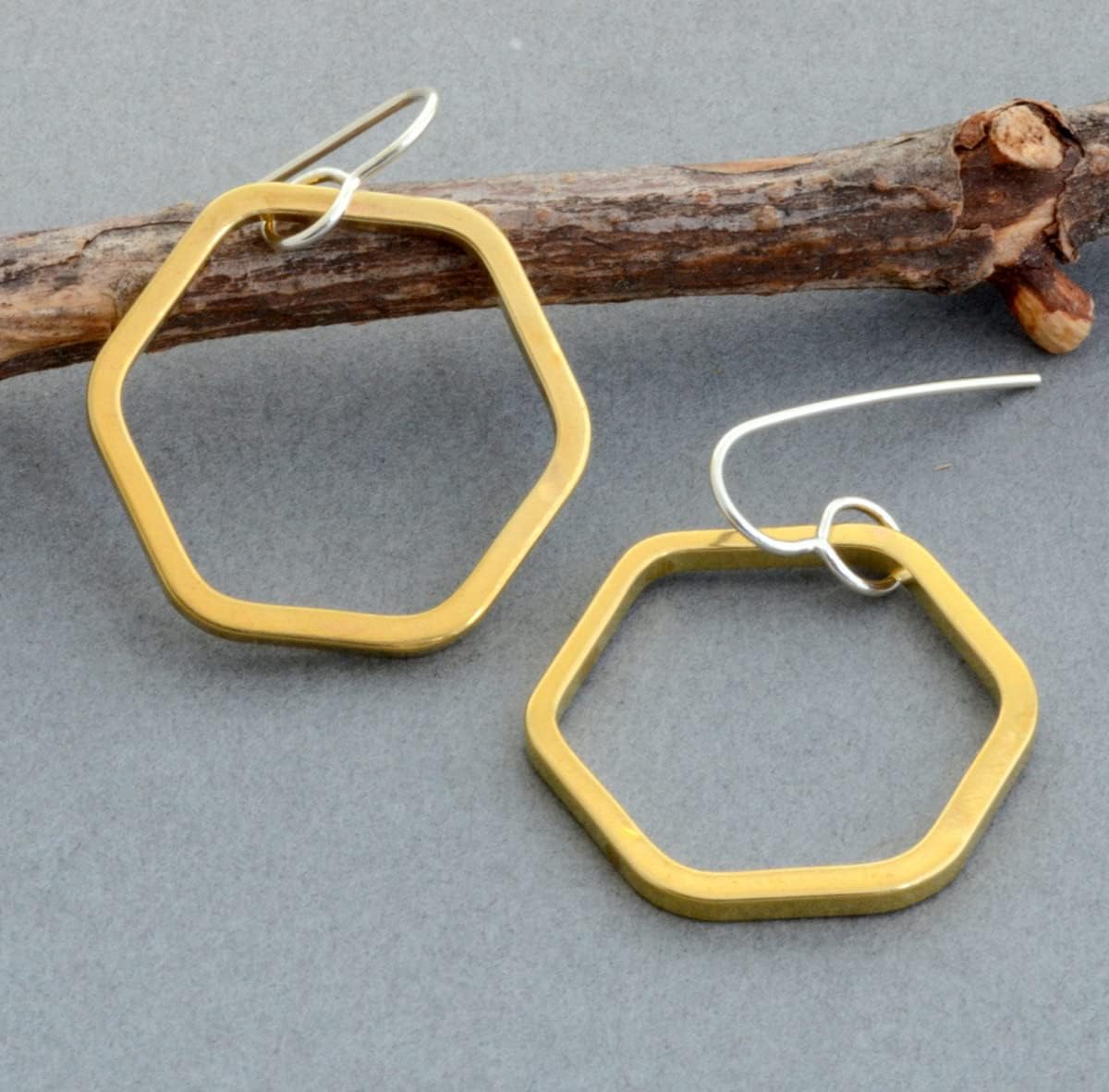 Thick gold brass hexagon dangle hoop earrings geometric jewelry women men