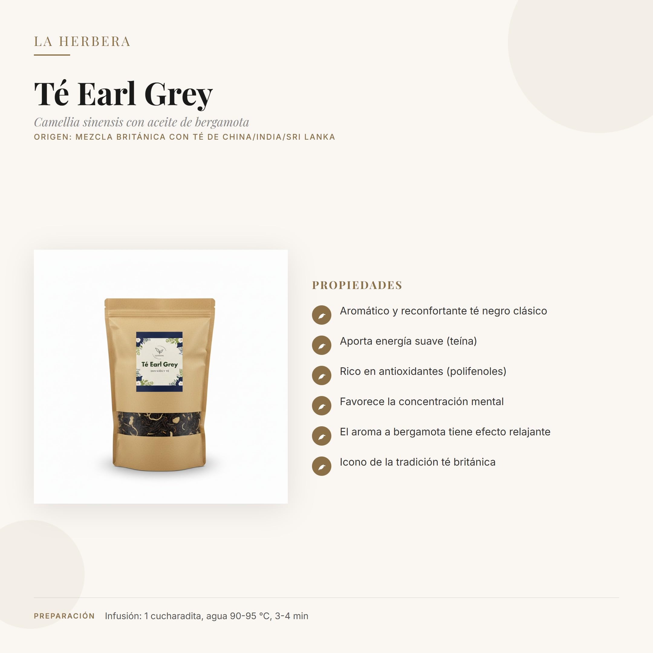 Té Earl Grey (Camellia sinensis) getrocknet lose 1000 g – für Kräutertees, 100% natürlich, ohne Zusätze – La Herbera